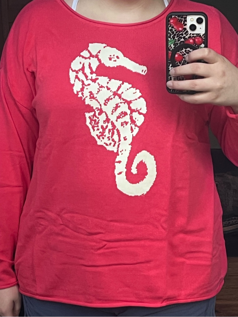 Belle by Kim Gravel Coral‎ Long Sleeve Crewneck with White Seahorse Graphic